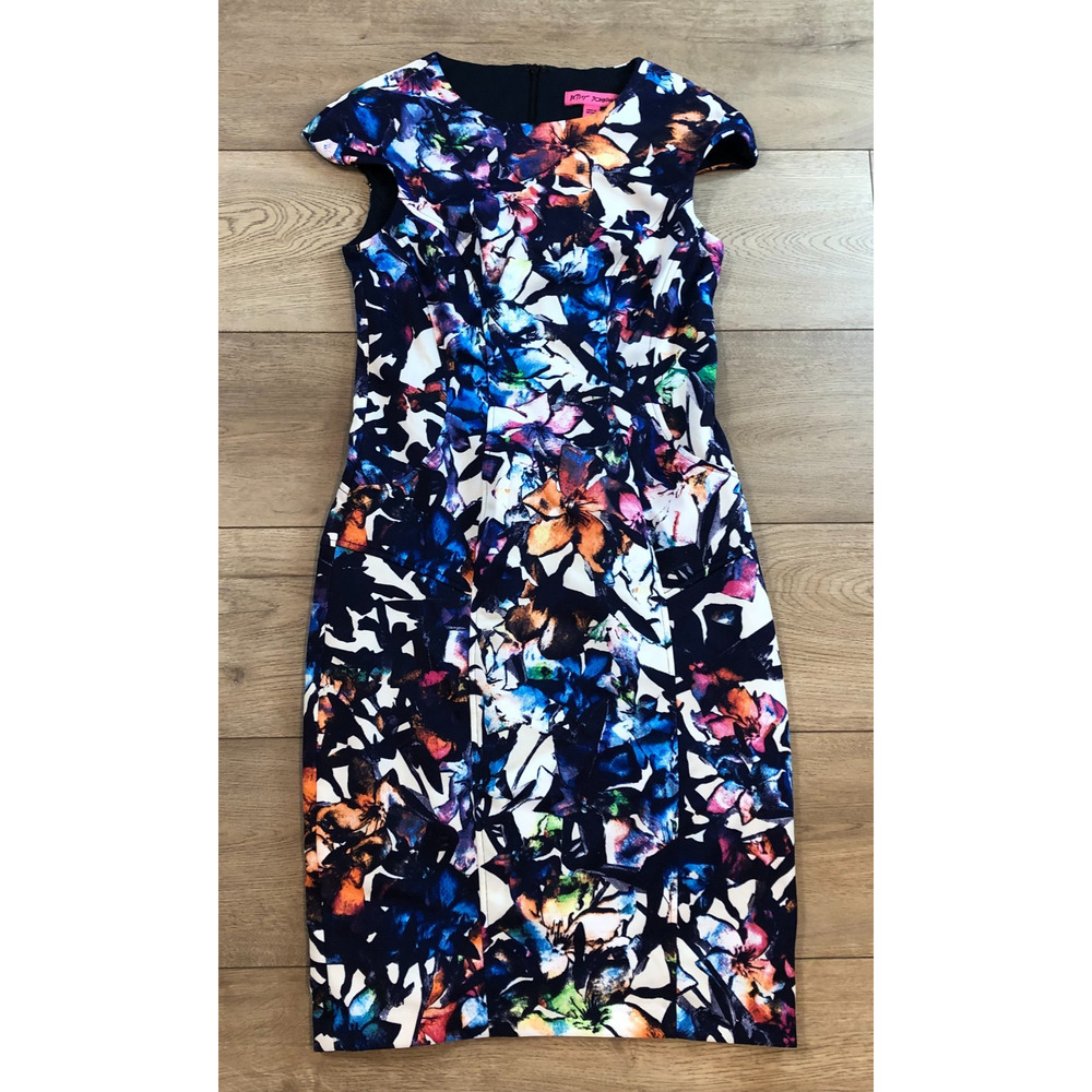 BETSEY JOHNSON Multi Floral Cap Puff Sleeve Pencil Sheath Midi‎ Dress SZ 2